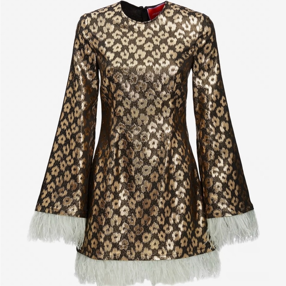 NWT La Double J. Black and Gold Dress with Feather Trim